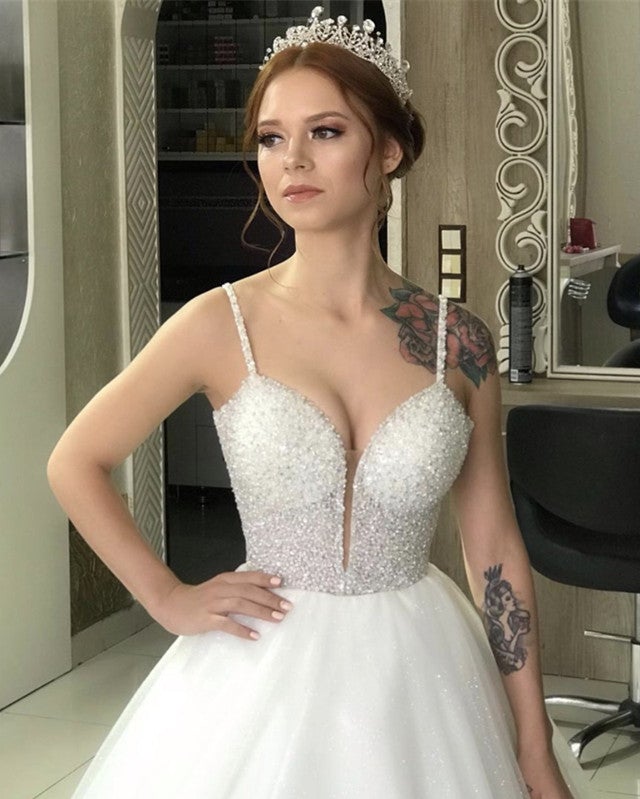 Sequins Beaded V Neck Wedding Dress Ball Gown With Straps-alinanova