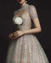 Load image into Gallery viewer, Sequins Weddding Dress High Neck Cap Sleeves
