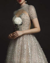 Load image into Gallery viewer, Sequins Weddding Dress High Neck Cap Sleeves
