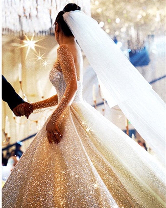 Sequins Wedding Dress Ball Gown With Beaded Long Sleeves Sequins Wedding Dress Ball Gown With Beaded Long Sleeves