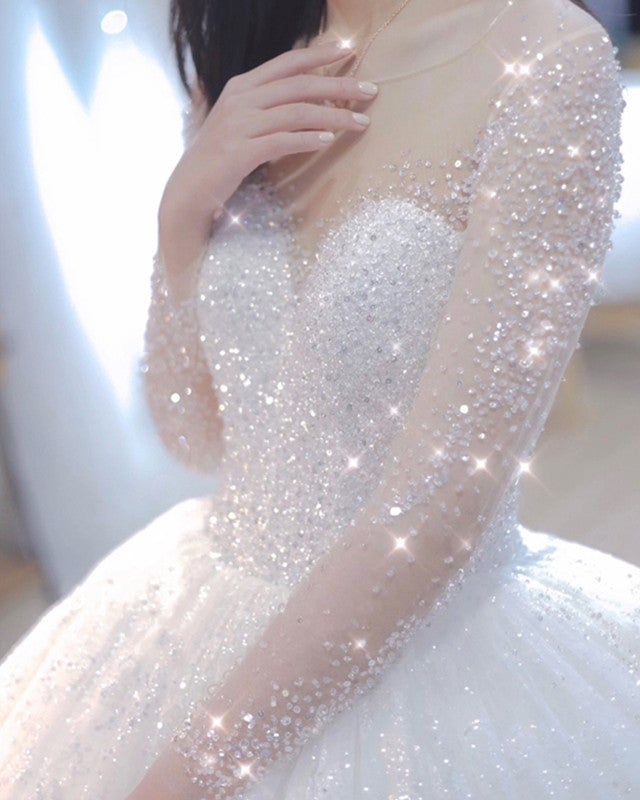 Sequins Wedding Dress Ball Gown With Beaded Long Sleeves-alinanova