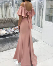 Load image into Gallery viewer, Blush-Pink-Mermaid-Backless-Evening-Gowns-Off-The-Shoulder-Prom-Dresses
