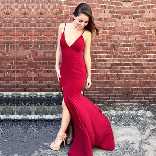 Sexy Deep V-neck Open Back Long Jersey Mermaid Evening Dresses 2018-alinanova