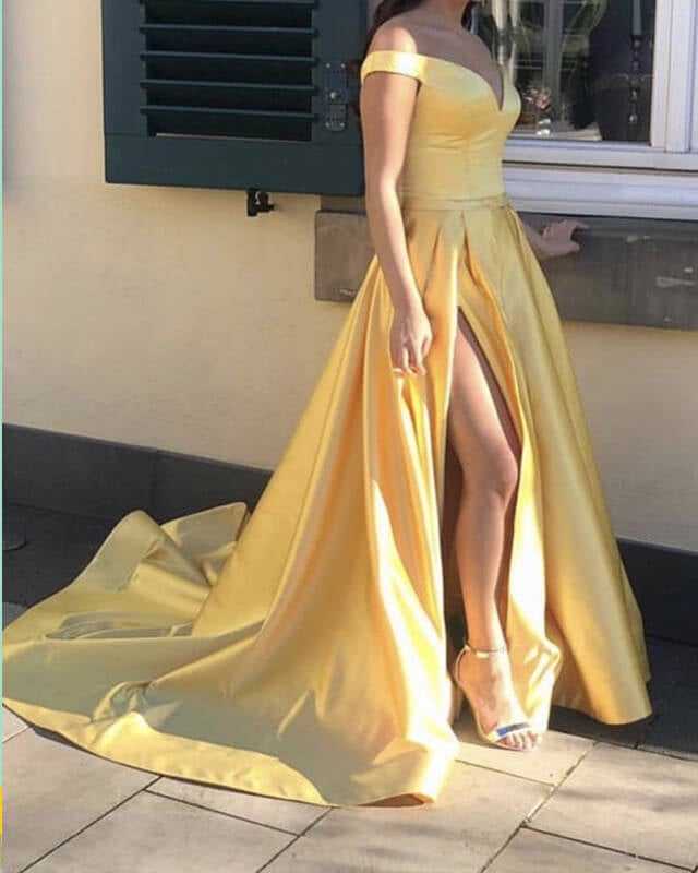 Yellow Prom Dresses Off Shoulder Satin Evening Gowns Leg Slit – alinanova