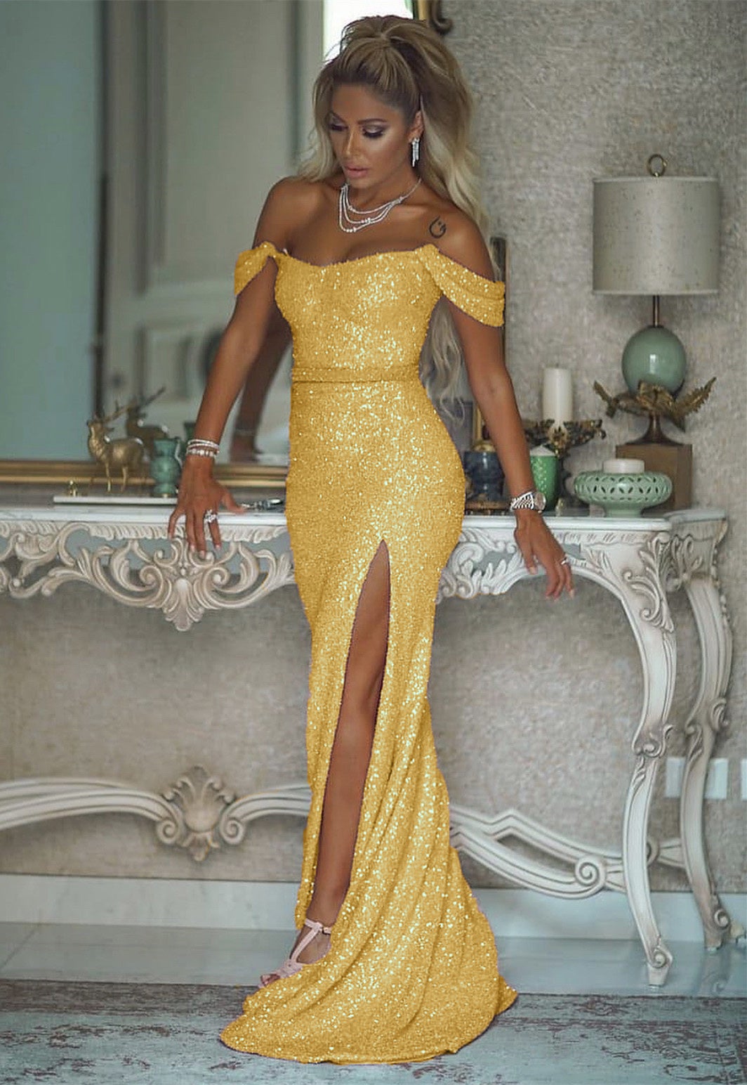 green emerald velvet dress Gold Off The Shoulder Sparkle Mermaid Floor Length Prom Dress main image 1
