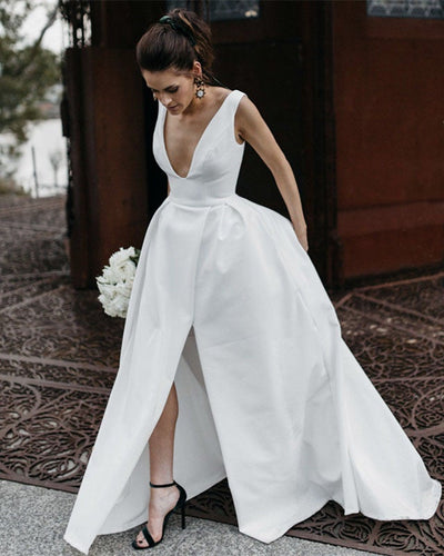 Sexy Leg Split Plunge V-neck Long Satin Wedding Dresses-alinanova