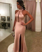 Load image into Gallery viewer, Sexy Long Satin Halter Mermaid Prom Dresses Leg Split Evening Gowns
