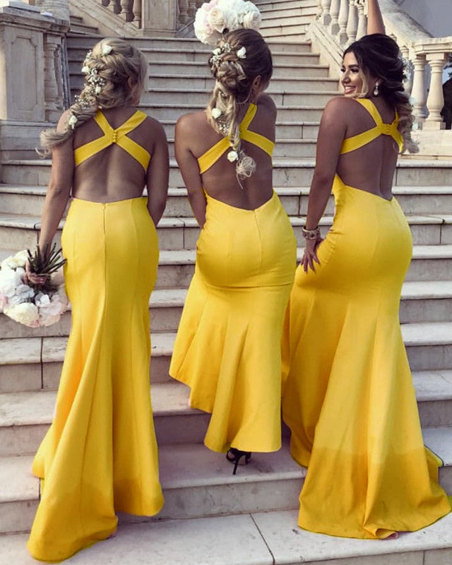 long mustard yellow bridesmaid dresses Sexy Halter Mermaid Bridesmaid Dresses Open Back – alinanova