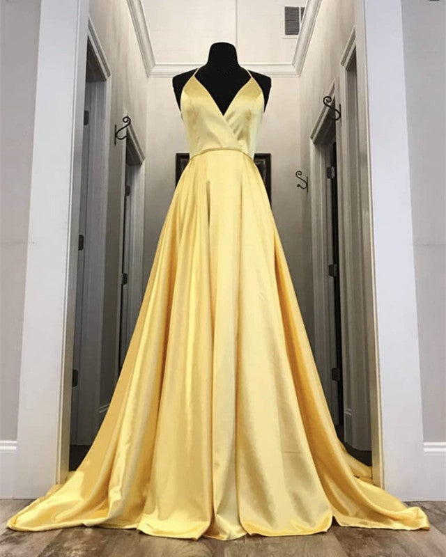 Sexy Long Satin V-neck Prom Dresses Split Evening Gowns-alinanova