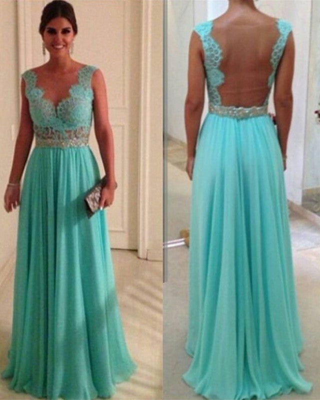 Sexy Nude Back Chiffon Floor Length Bridesmaid Dresses Lace Appliques
