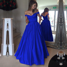 Load image into Gallery viewer, Sexy Off Shoulder Beaded Sashes Satin Prom Dresses Ball Gowns
