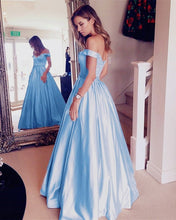 Load image into Gallery viewer, Sexy Off Shoulder Beaded Sashes Satin Prom Dresses Ball Gowns
