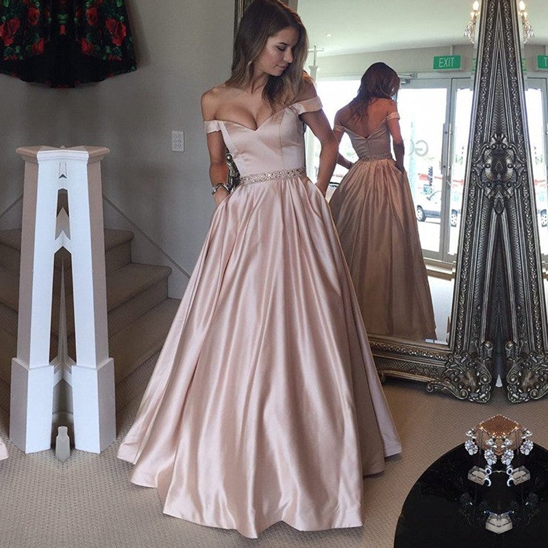 Sexy Off Shoulder Beaded Sashes Satin Prom Dresses Ball Gowns – alinanova