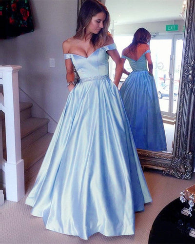 Sexy Off Shoulder Beaded Sashes Satin Prom Dresses Ball Gowns-alinanova