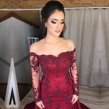 Load image into Gallery viewer, Sexy Off Shoulder Long Sleeves Burgundy Mermaid Evening Dresses Lace Appliques
