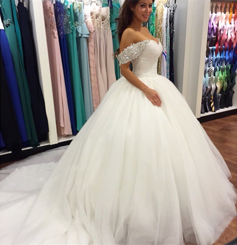 Luxury Off the Shoulder Ball Gown Chapel Train Appliques Wedding Dress –  Simibridaldresses