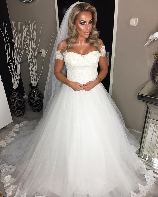 Sexy Off Shoulder Sweetheart Tulle Wedding Dresses Lace Appliques ...