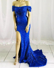 Load image into Gallery viewer, Sexy Off The Shoulder Long Sequins Royal Blue Mermaid Prom Dresses With Split
