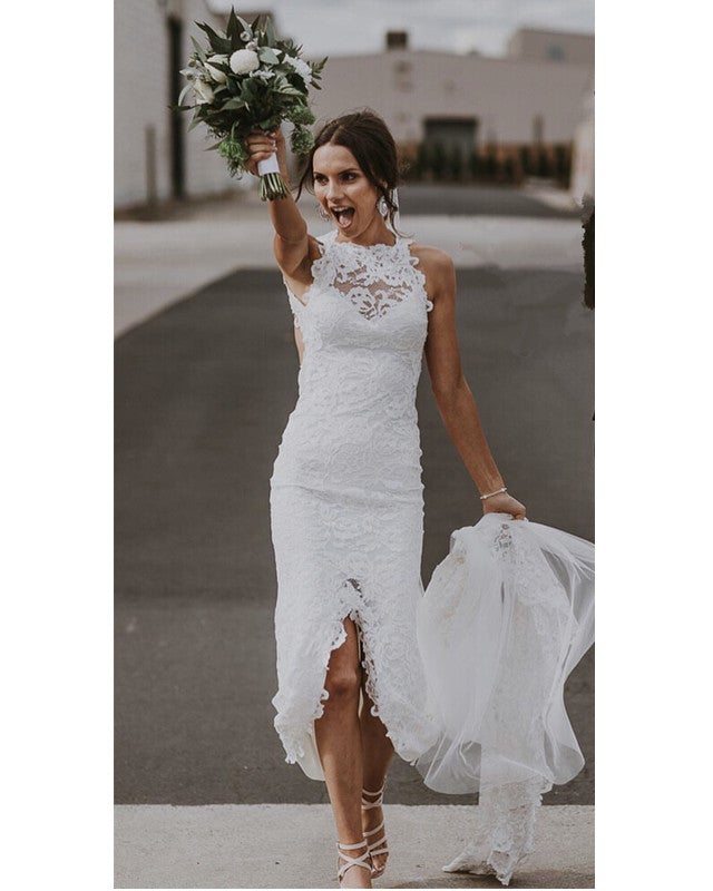 Sexy Open Back Lace Mermaid Wedding Dresses Front Slit Sexy Open Back Lace Mermaid Wedding Dresses Front Slit