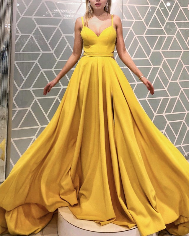 Sexy Spaghetti Straps V Neck Satin Split Prom Dresses Sexy Spaghetti Straps V Neck Satin Split Prom Dresses