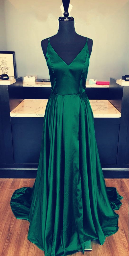 Multi-straps V-neck Long Satin Prom Dresses With Slit Multi-straps V-neck Long Satin Prom Dresses With Slit