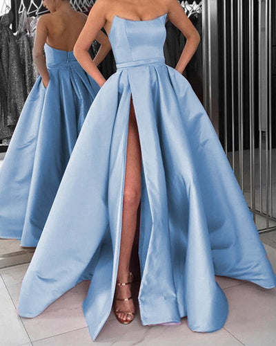 Sexy Strapless Long Slit Satin Dress-alinanova