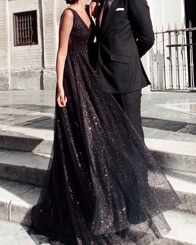 Sexy V Neck Long Backless Sequin Dresses