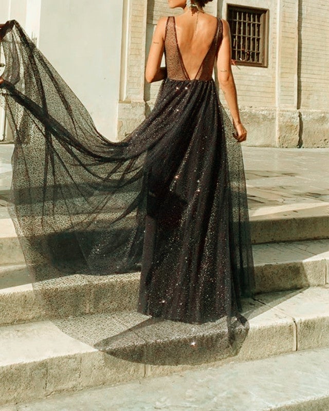 Sexy V Neck Long Backless Sequin Dresses Sexy V Neck Long Backless Sequin Dresses