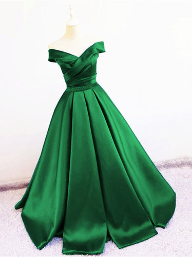 Sexy V Neck Off The Shoulder Satin Ball Gown Prom Dress Beaded Sashes-alinanova