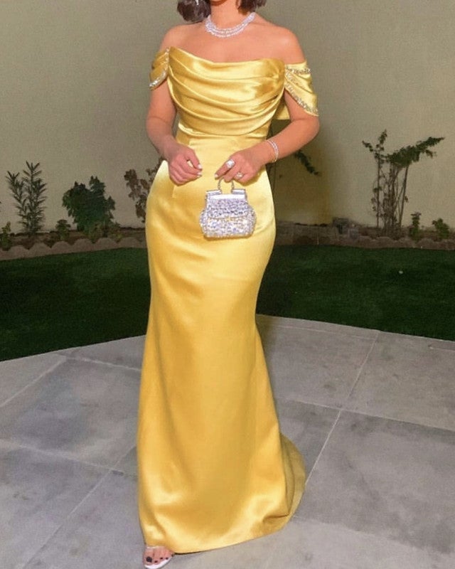Yellow Prom Dresses Draped Shoulder