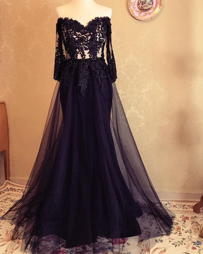 Sheer Corset Evening Dress Mermaid Lace Sleeved-alinanova