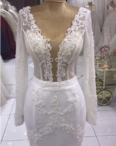 Sheer Corset Mermaid Wedding Dress Long Sleeves Lace Appliques-alinanova