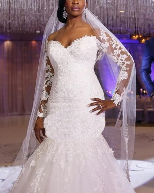 Sheer Lace Long Sleeves Tulle Mermaid Wedding Dresses Off The Shoulder