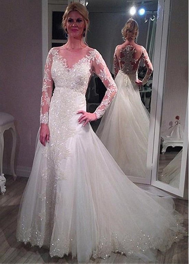 Sheer Long Sleeves Lace Mermaid Wedding Dresses Removable Skirt Sheer Long Sleeves Lace Mermaid Wedding Dresses Removable Skirt