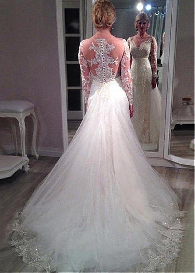 Sheer Long Sleeves Lace Mermaid Wedding Dresses Removable Skirt