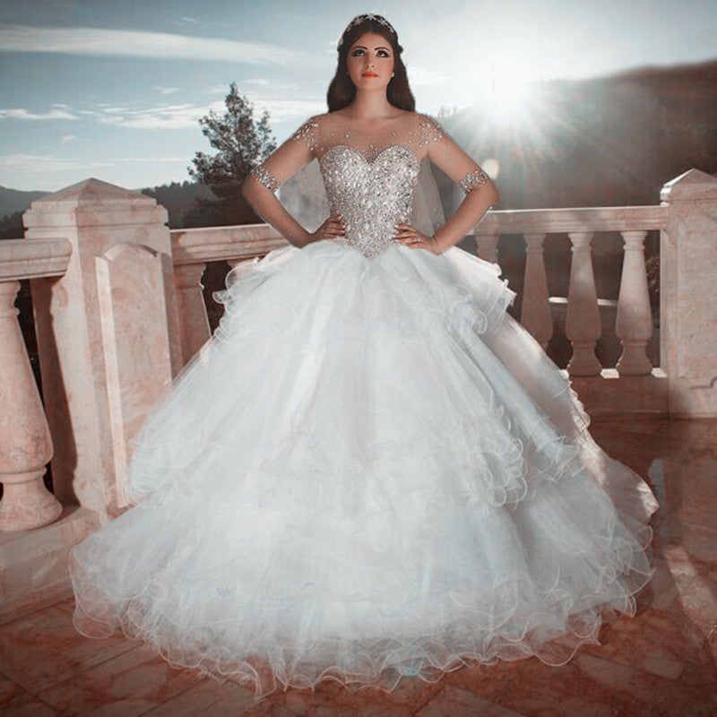long sleeve organza wedding dress DreamDress By PMN Nayane Wedding Dress Gown Squared Neck Overlay V-Neck Spaghetti Strap Slip Chapel Train | Size: Custom