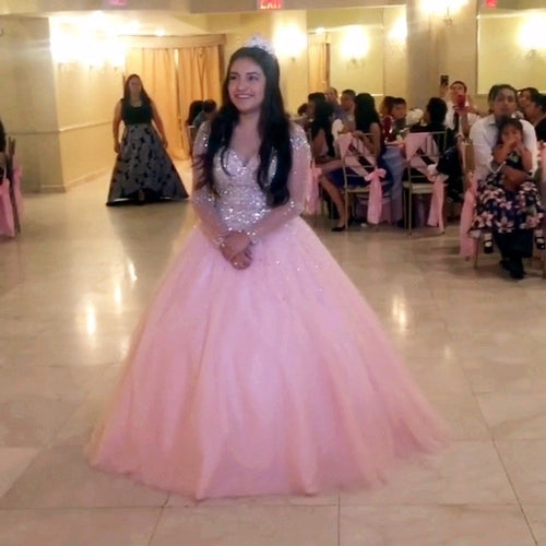 Sheer Long Sleeves Quinceanera Dresses Ball Gowns Crystal Beaded-alinanova