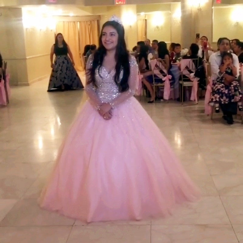 Sheer Long Sleeves Quinceanera Dresses Ball Gowns Crystal Beaded-alinanova