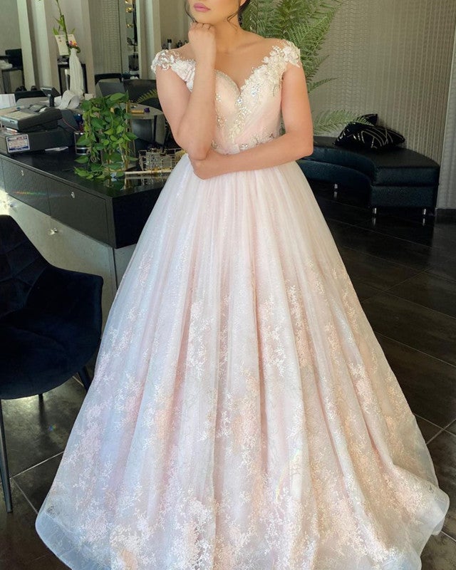 Sheer Neckline Cap Sleeves Lace Prom Dresses With Beaded-alinanova