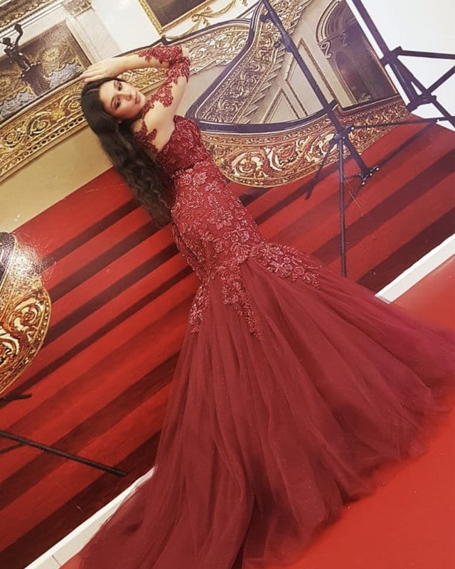 Sheer Neckline Lace Beaded Tulle Mermaid Dresses with Sleeves