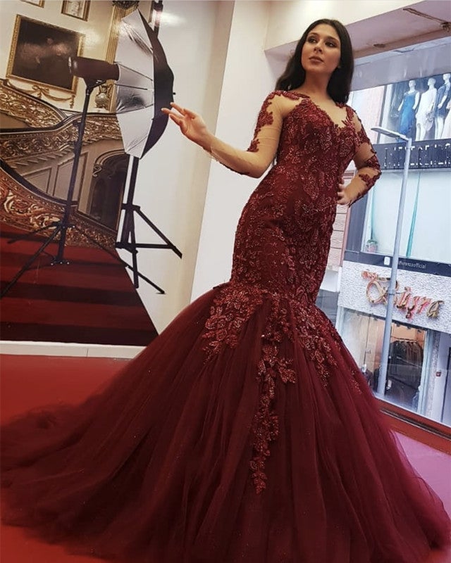 Modest Long Sleeves Lace Mermaid Prom Evening Dresses – alinanova
