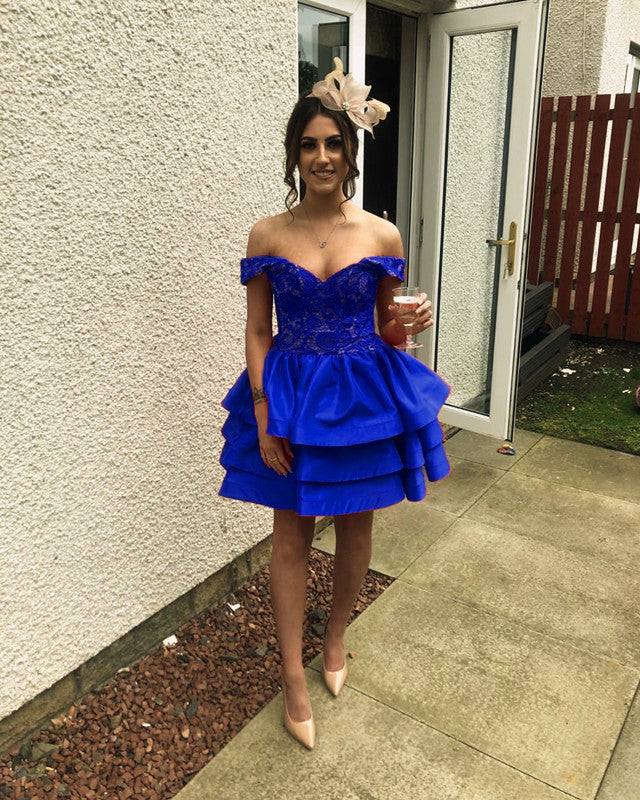 royal blue off the shoulder homecoming dress Satin Ruffles Homecoming Dresses Lace Off Shoulder