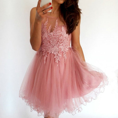 Short A Line Scoop Neck Tulle Homecoming Dress Lace Appliques-alinanova