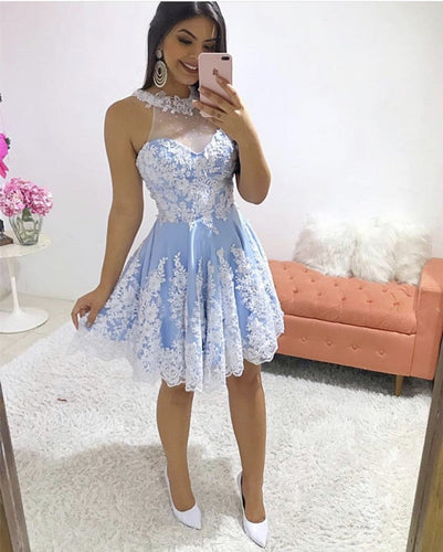 Short A-line Halter Homecoming Dresses Lace Appliques-alinanova