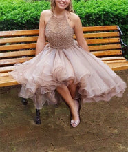 Load image into Gallery viewer, Short Beaded Halter Organza Ruffles Champagne Homecoming Dresses
