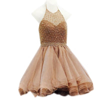 Load image into Gallery viewer, Short Beaded Halter Organza Ruffles Champagne Homecoming Dresses 2017-alinanova
