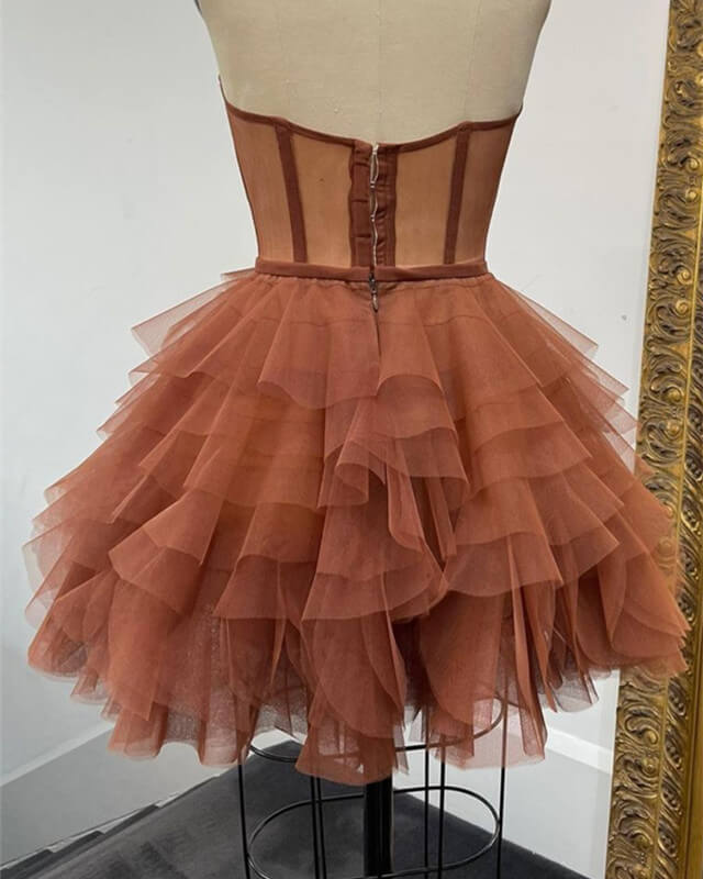 Short Brown Tulle Ruffles Corset Dresses Short Brown Tulle Ruffles Corset Dresses