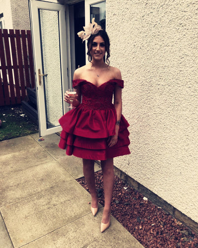 Satin Ruffles Homecoming Dresses Lace Off Shoulder-alinanova