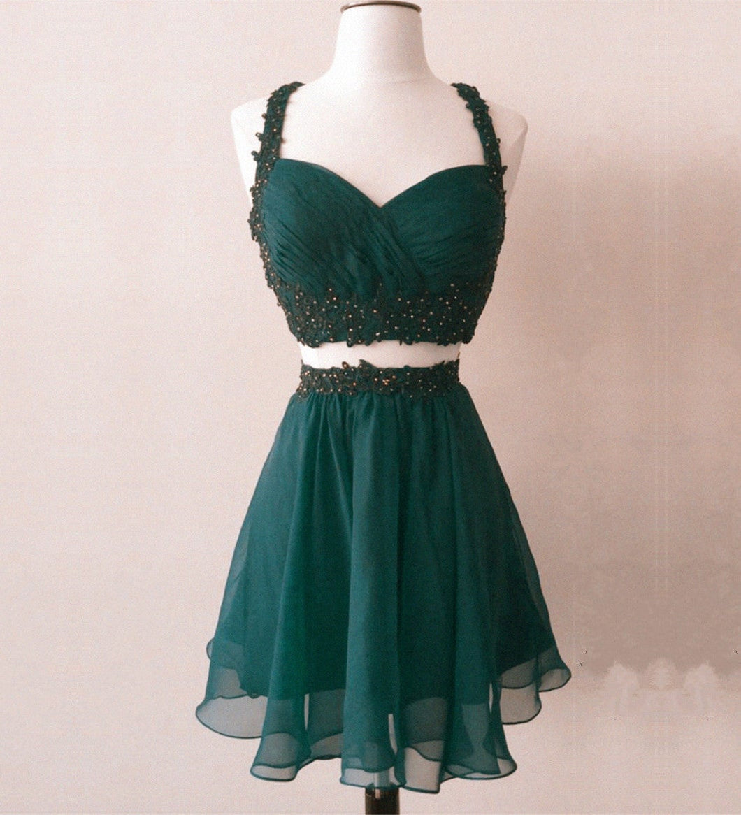 Short Chiffon Two Piece Dress Applique Open Back-alinanova