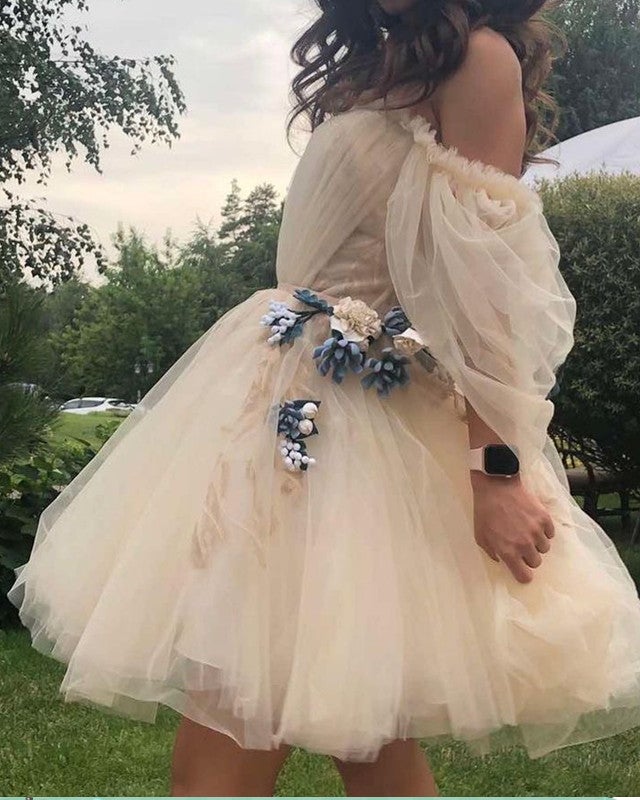 Cute Cottagecore Wedding Dress Short Tulle Off The Shoulder Puffy Sleeves alinanova
